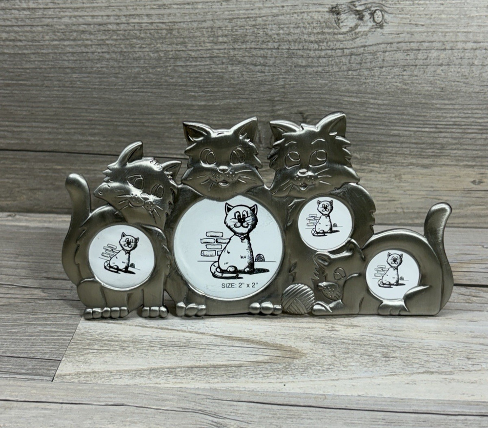 Pewter Silver Cat Kitty Family Picture Frame Holds 4 Photos Collage Tabletop